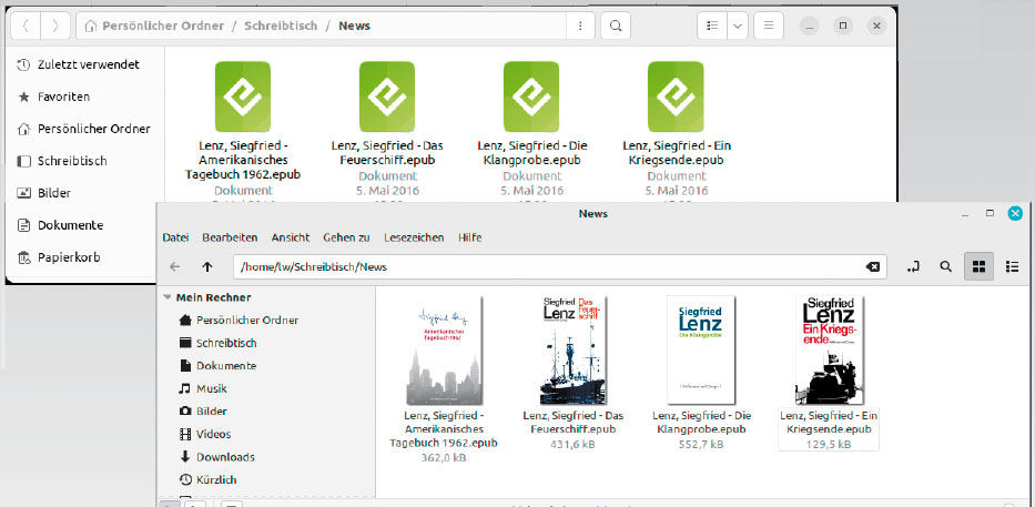 Nautilus in Ubuntu und Nemo in Mint: Während Nautilus (oben) nur ein generisches Icon anzeigt, kann Nemo (unten) dank des Epub-Thumbnailers Inhaltliches anbieten.