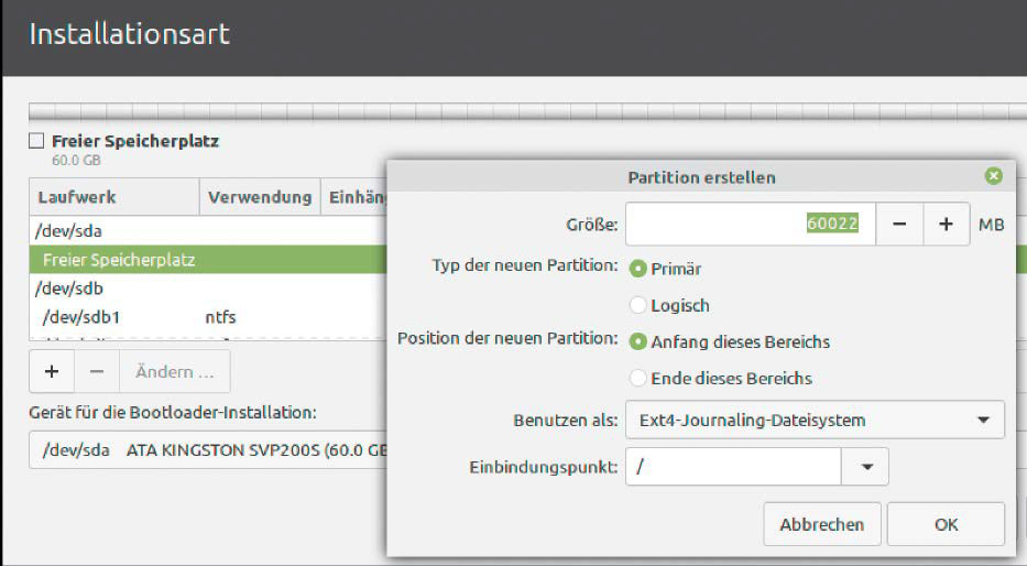 Um eines von mehreren bestehenden Systemen durch Mint zu ersetzen, müssen Sie die Partition löschen und den „freien Speicherplatz“ mit Ext4 ausstatten. Einhängepunkt ist „/“.