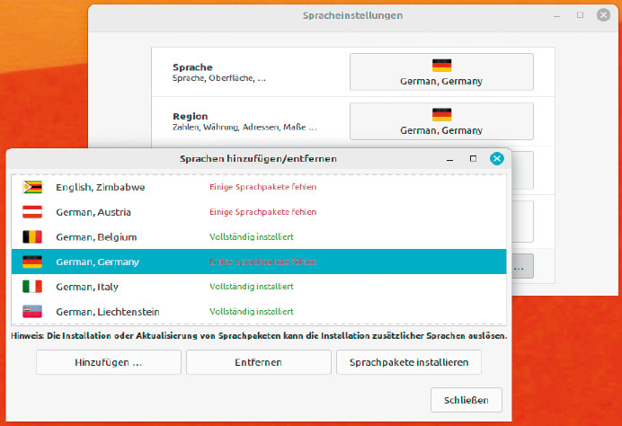 Nach der Installation fehlen immer einige deutsche Sprachpakete. Dies korrigieren Sie unter „Systemeinstellungen –› Sprachen“.