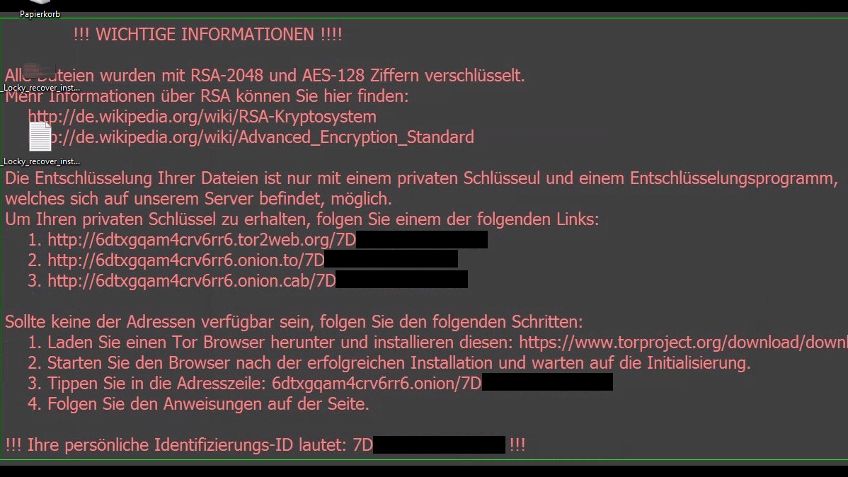 RansomDie Lösegeldforderung für die Ransomware Locky gibt es sogar in einer deutschsprachigen Version. Die Kriminellen wollen, dass ihr Opfer über das Tor-Netzwerk mit ihnen Kontakt aufnimmt.