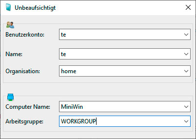 Automatisch installieren: Im Fenster „Unbeaufsichtigt“ konfigurieren Sie Windows für ein lokales Benutzerkonto. Die Anmeldung erfolgt automatisch und ohne Passwort.