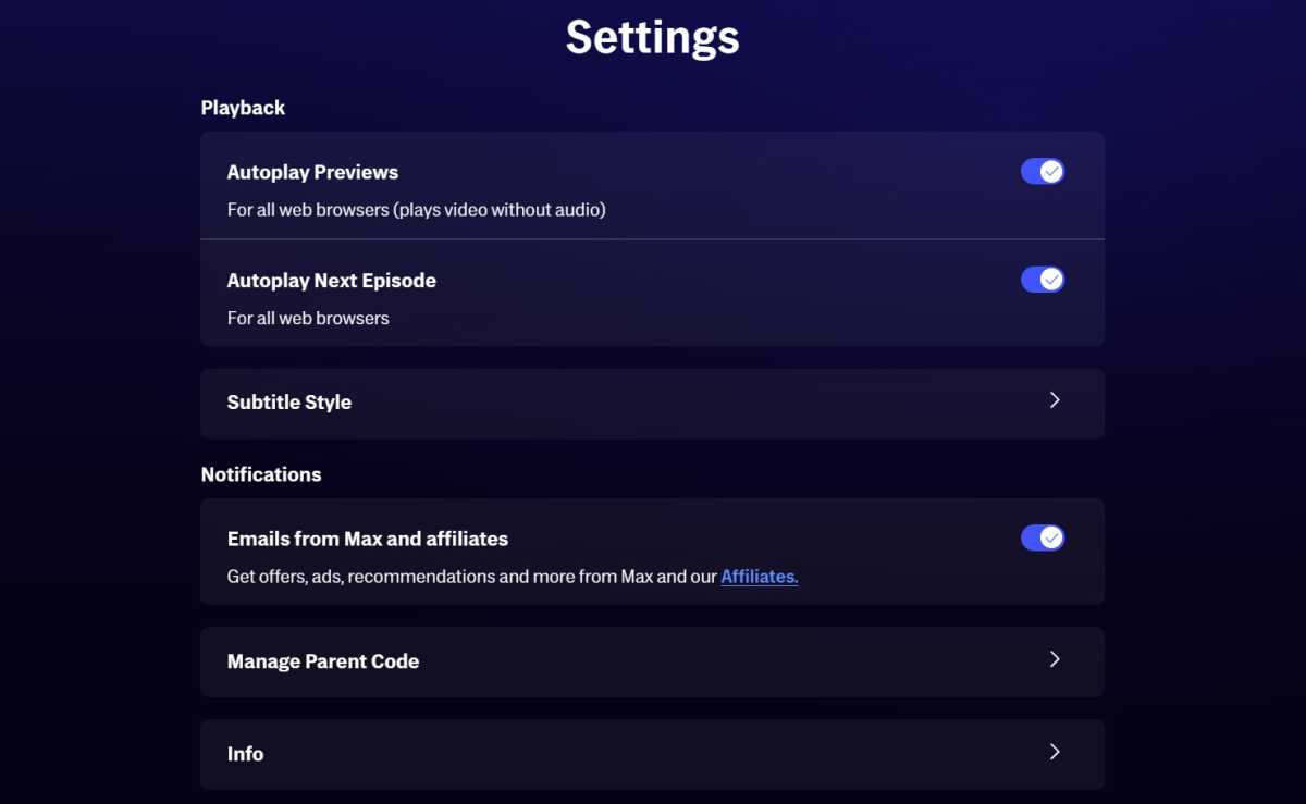 Max Settings page with 