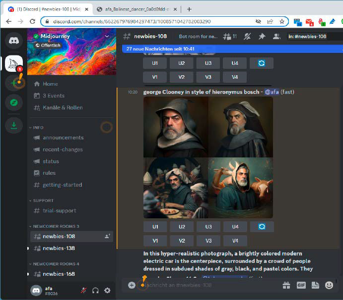 Wählen Sie im Discord- Channel von Midjourney auf der linken Seite einen Chat-Raum, etwa „newbies-108“, und geben Sie dort den Befehl „/imagine“ gefolgt von Ihrem Auftrag ein.