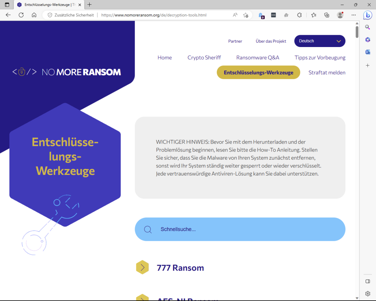 Die Website No More Ransom kennt Hunderte Erpresserviren, hilft bei der Identifizierung und bietet, falls verfügbar, Entschlüsselungstools inklusive Anleitung direkt zum Download an.