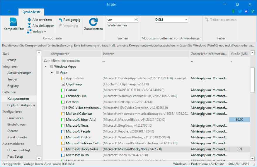 Komponenten entfernen: Mit NTlite löschen Sie beispielsweise Windows-Apps aus dem Installationsmedium. Bei einer Neuinstallation gelangen diese dann nicht auf die Festplatte.