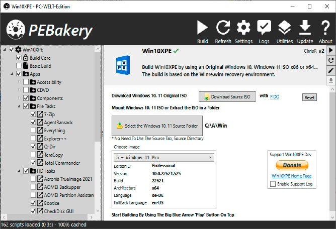 Win10XPE erstellen: Das Tool PEbakery baut Windows mithilfe von Scripten zusammen. Unter „Apps“ wählen Sie, welche Programme enthalten sein sollen.