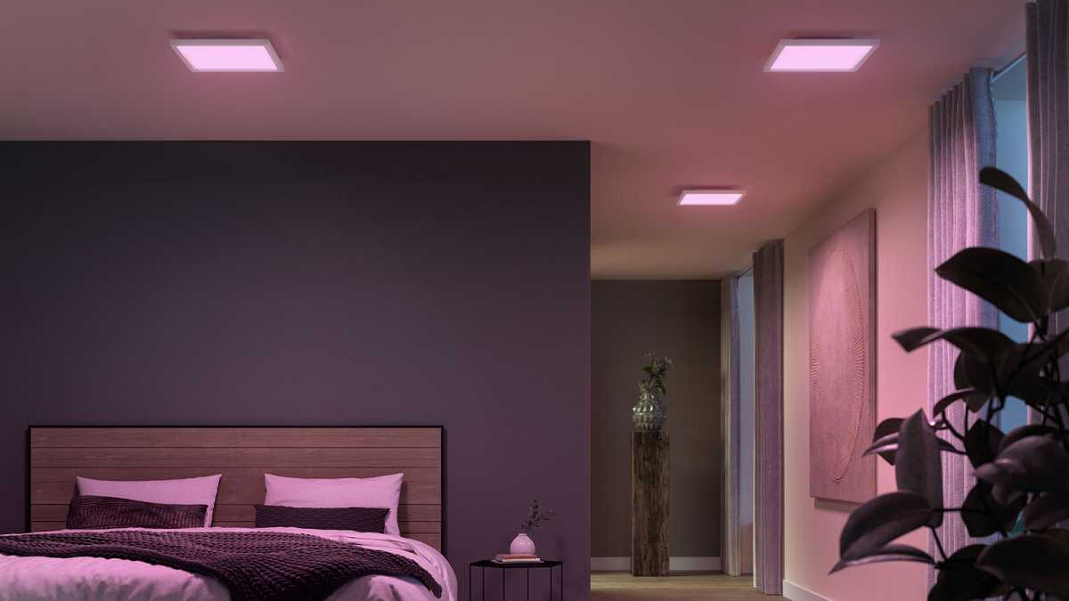 Philips Hue Surimu panels on a bedroom ceiling