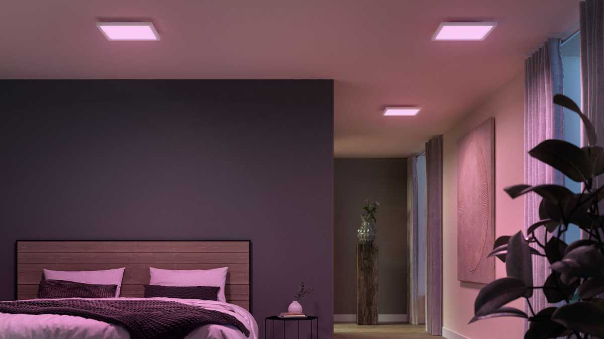 Philips Hue Surimu panels on a bedroom celing