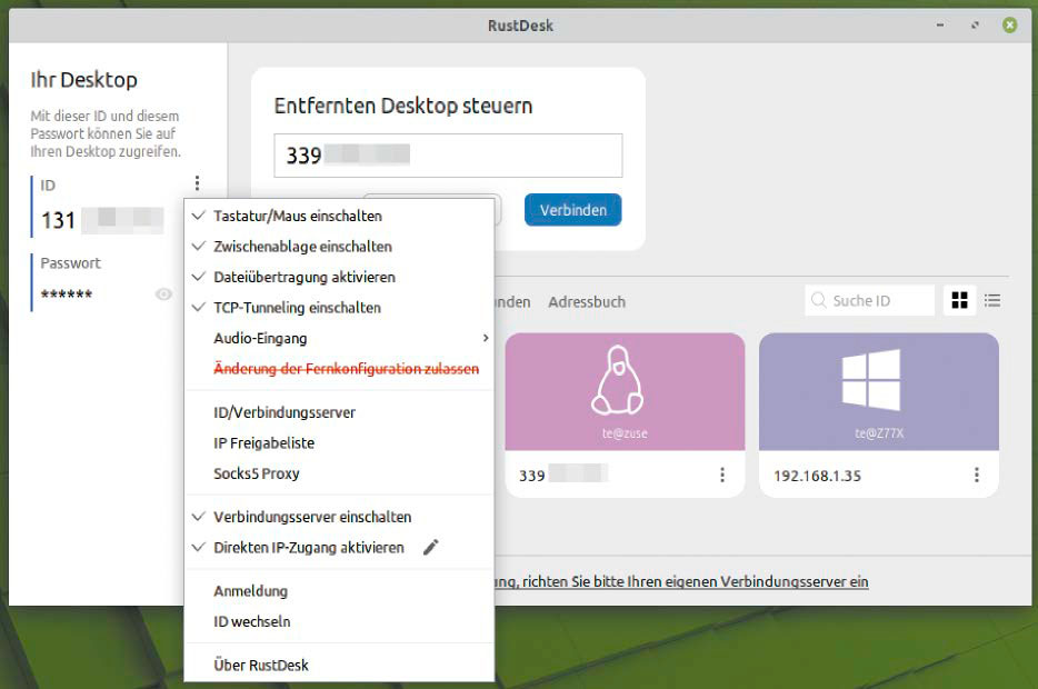 Fernzugriff einrichten: Mit der Open-Source-Software Rustdesk holen Sie sich den Desktop eines entfernten PCs auf Ihren Rechner. Das ist nützlich bei Wartungsarbeiten und Hilfestellungen.