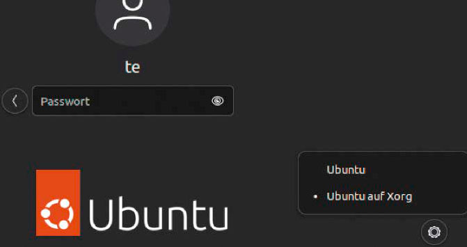 Displayserver wechseln: Rustdesk unterstützt kein Wayland; auf dem ferngesteuerten PC muss der Nutzer deshalb über das Sitzungsmenü zu „Ubuntu auf Xorg“ wechseln.