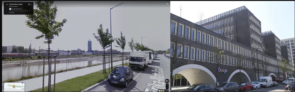 Münchner Google Büro - Google Street View (links) vs. so sieht es heute aus (rechts)