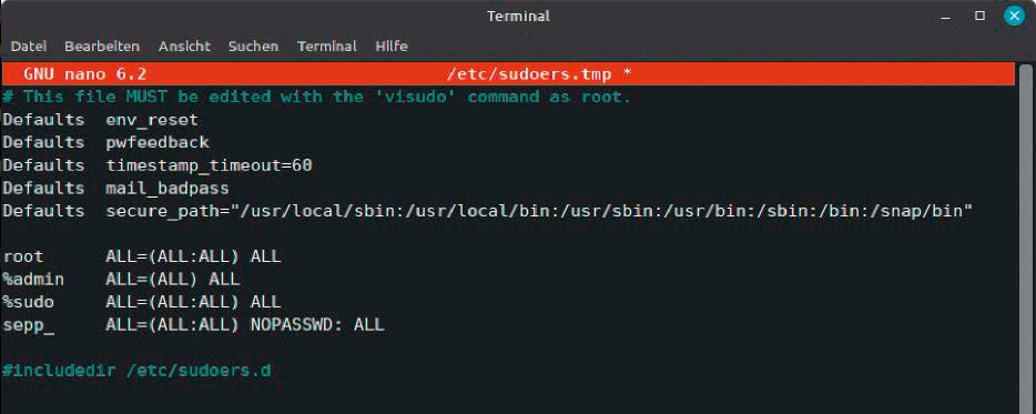 Konfigurationsdatei für sudo: Hier steht quantitativ recht wenig, die Relevanz ist aber kaum zu überschätzen. „root“ und die Gruppe „%sudo“ sollten alles oder viel dürfen.