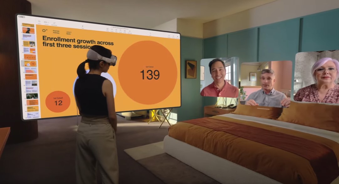 Apple Vision Pro: Während man arbeitet, kann man über Facetime mit anderen Gespräche führen