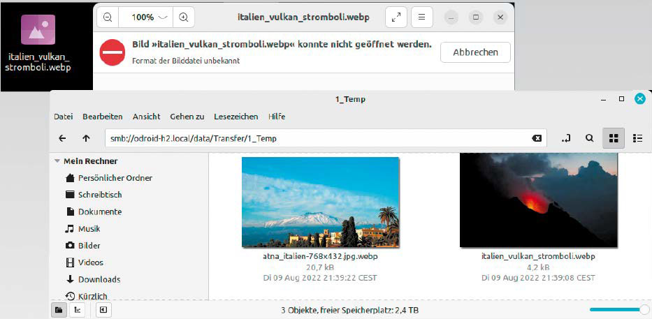 Mint beherrscht das Webp-Bildformat: Während Ubuntu mit Eog (oben) das Format verweigert, ist die X-App (Xviewer) in Linux Mint 21 dafür gerüstet (unten).