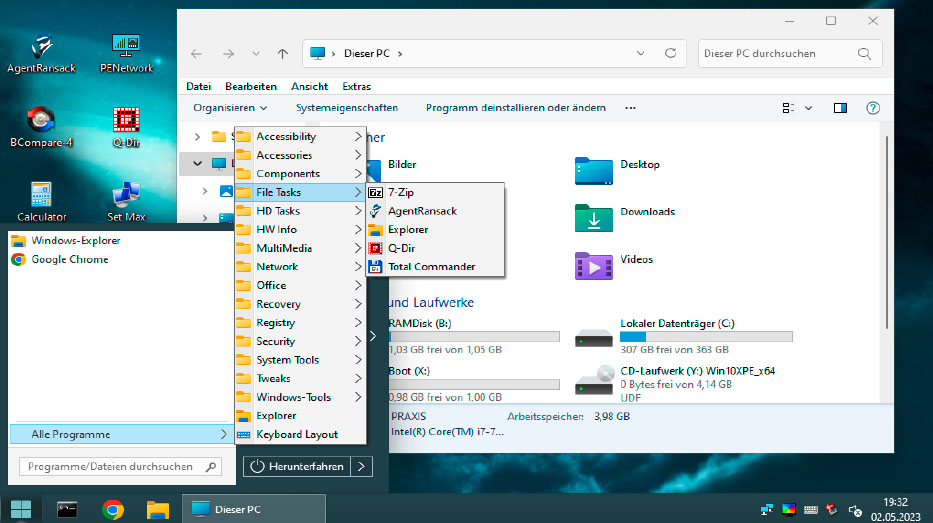 Mini-Windows: Win10XPE ist klein und schnell, zeigt aber einen individuellen Desktop. Dabei spielt es keine Rolle, ob das System auf Windows 10 oder 11 basiert.