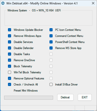 Reduzierung Teil 1: Win Debloat entfernt Apps, Dienste, Aufgaben und Features aus dem System, das Sie aus der VHD-Datei starten. Danach starten Sie Windows neu.