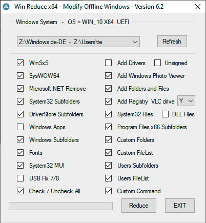 Reduzierung Teil 2: Win Reduce entfernt zahlreiche Dateien aus den Ordnern „System32“ und „WinSxS“. Damit wird das System deutlich kleiner, aber auch etwas unflexibler.