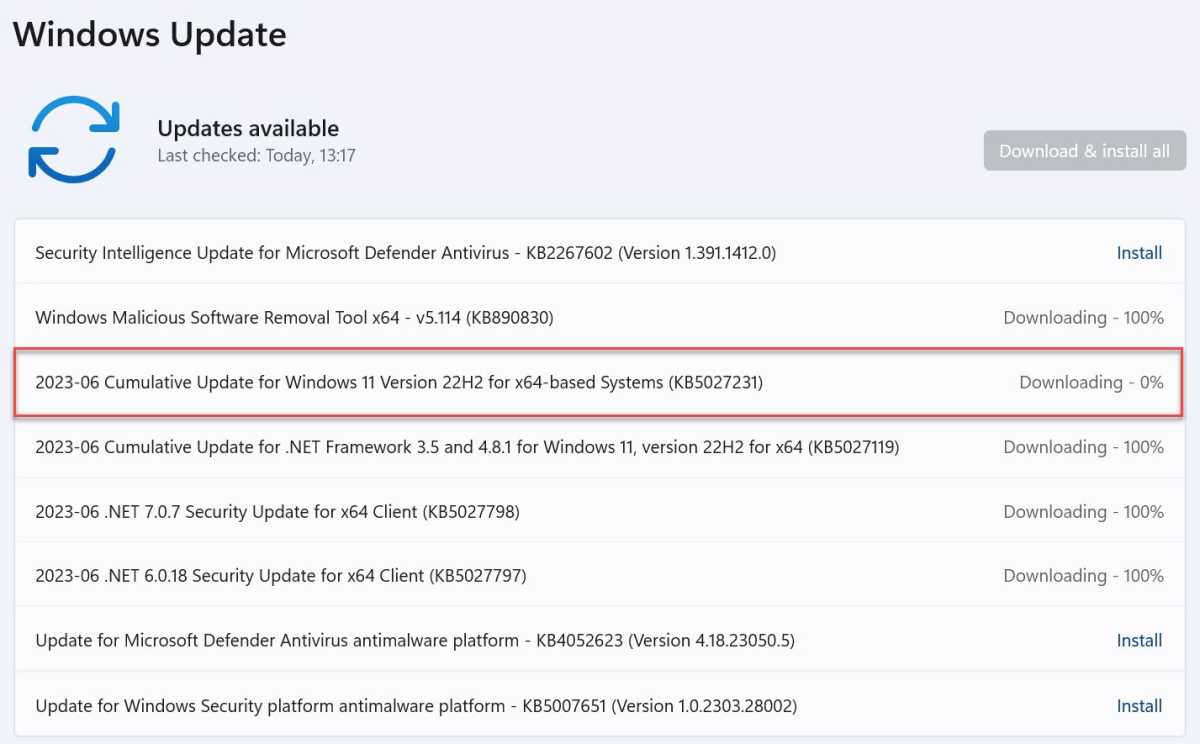 Windows 11 KB5027231 update downloading in Settings