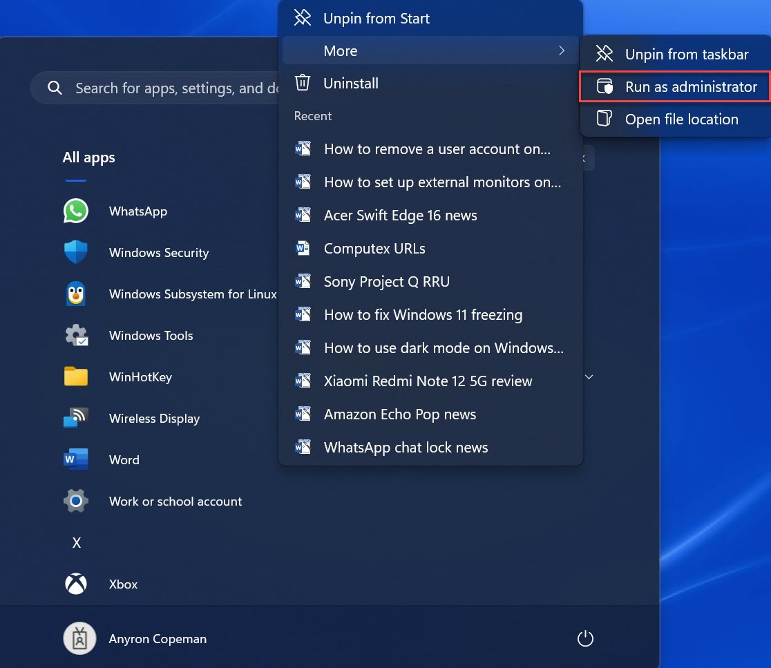 Windows 11 run as administrator method screenshot