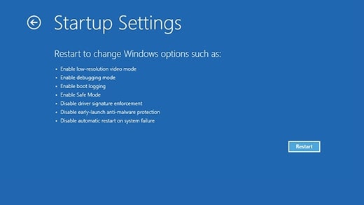 Pantalla de configuración de inicio del modo seguro de Windows 11