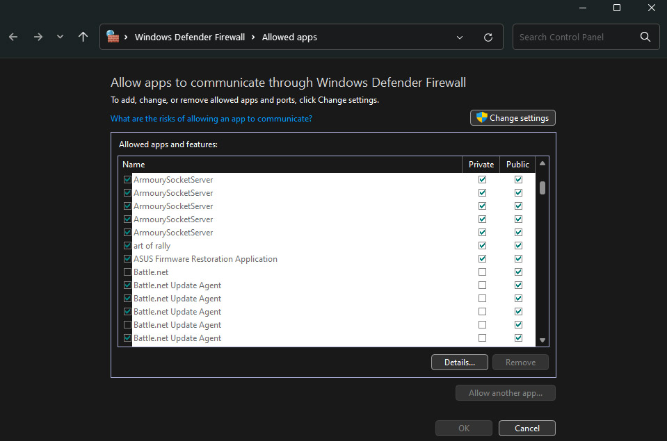 Windows Firewall screenshot