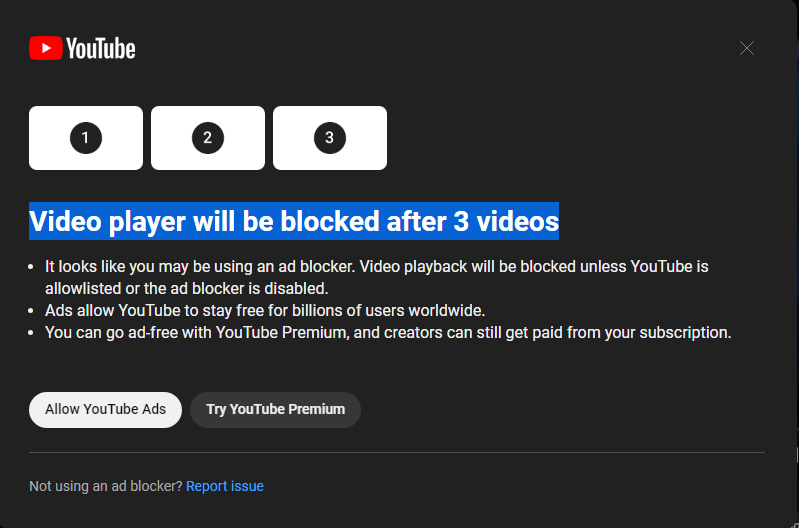 YouTube ad-block warning message