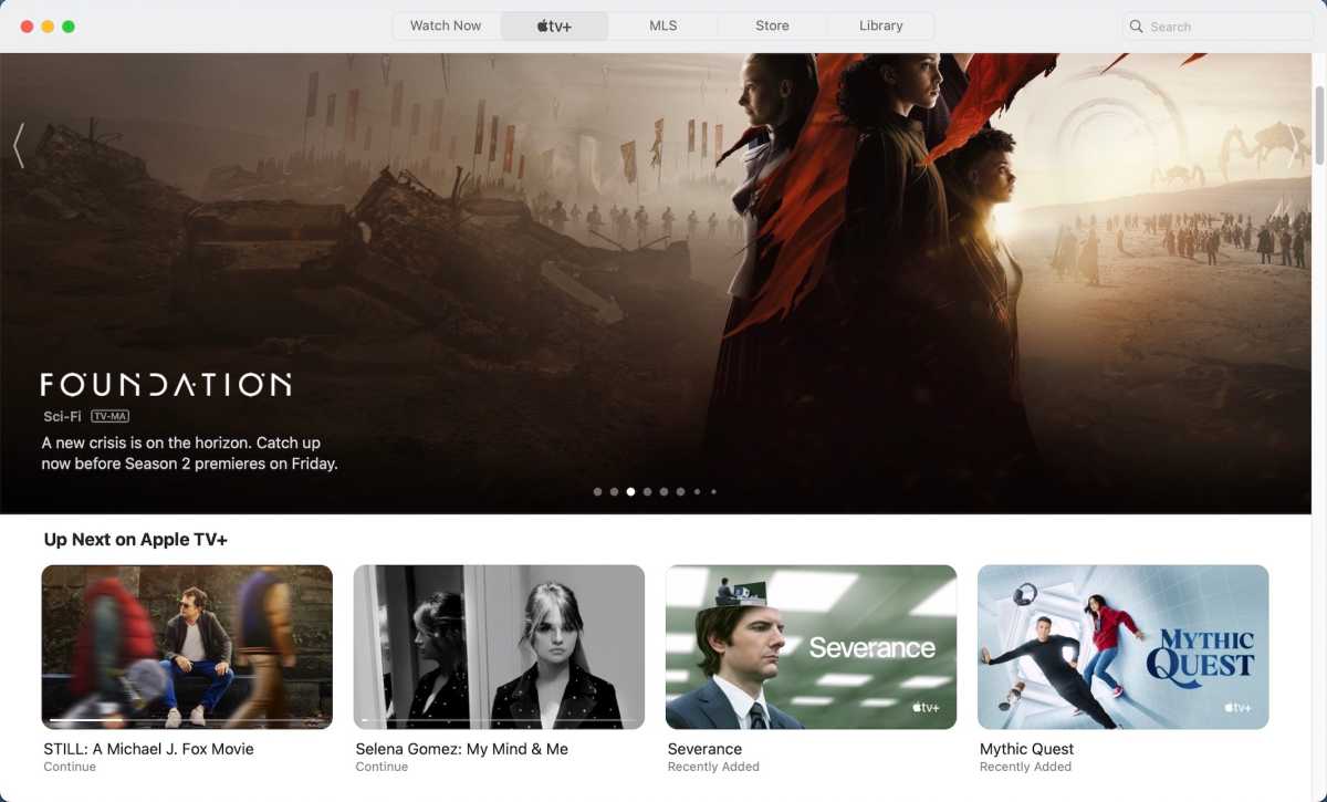 A look at the Apple TV+ interface on desktop, with a preview for Foundation.