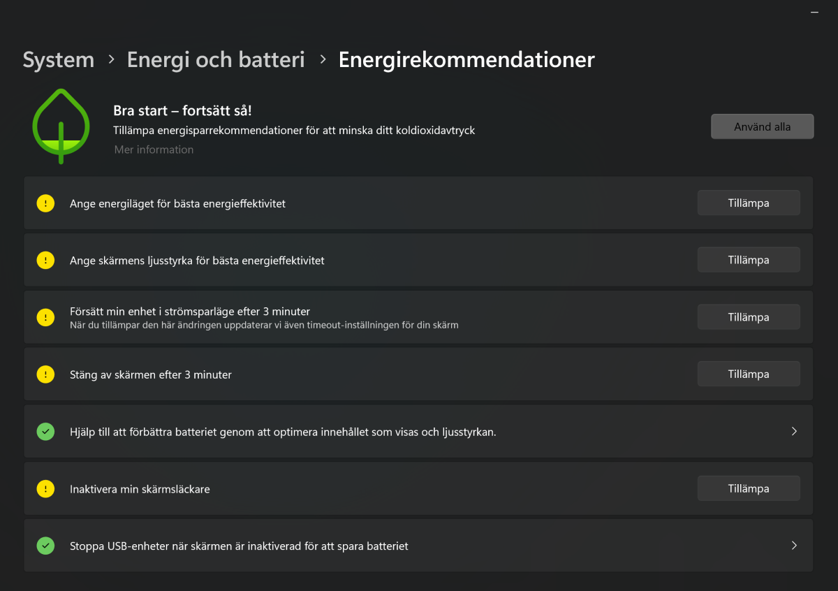 Energirekommendationer Windows 11
