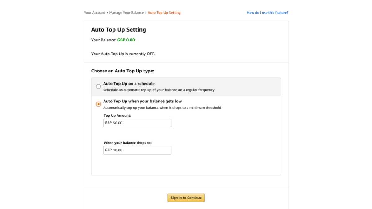 Settings page for Amazon Auto Top Up