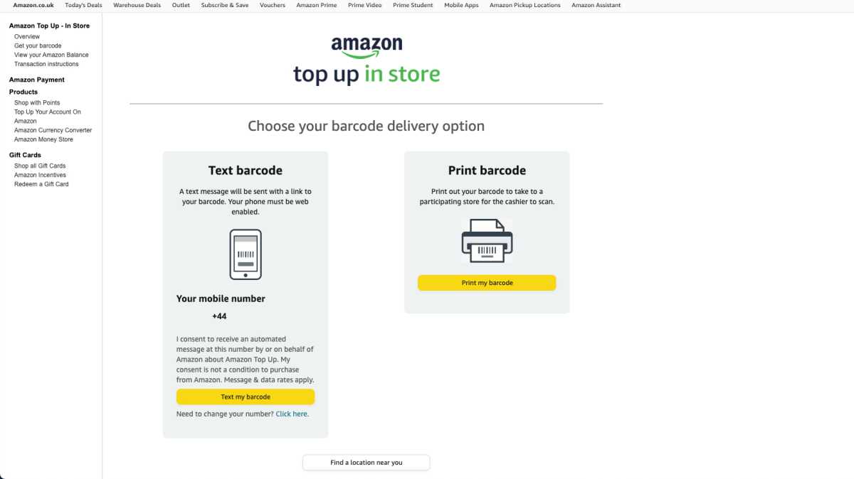 Get a barcode for Amazon Top Up