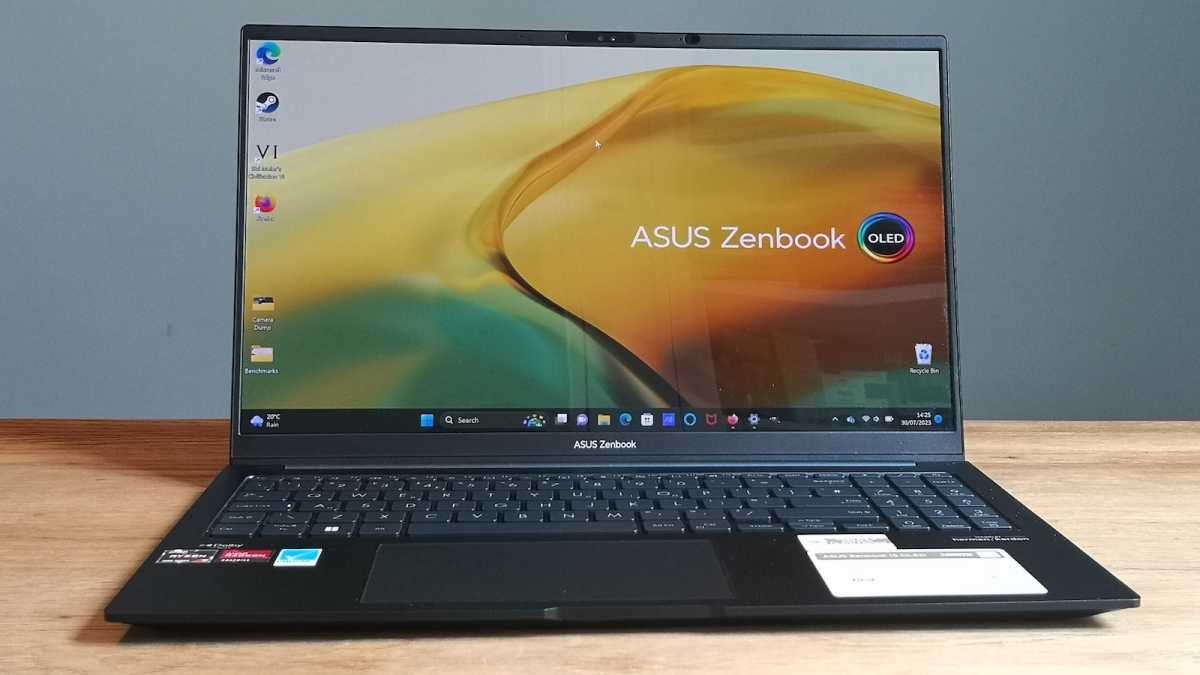 Asus Zenbook 15 OLED laptop, screen on, viewed from the front