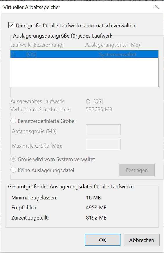 Bei Bedarf lässt sich der virtuelle Arbeitsspeicher in seiner Größe anpassen oder sogar auf eine andere Platte verschieben.
