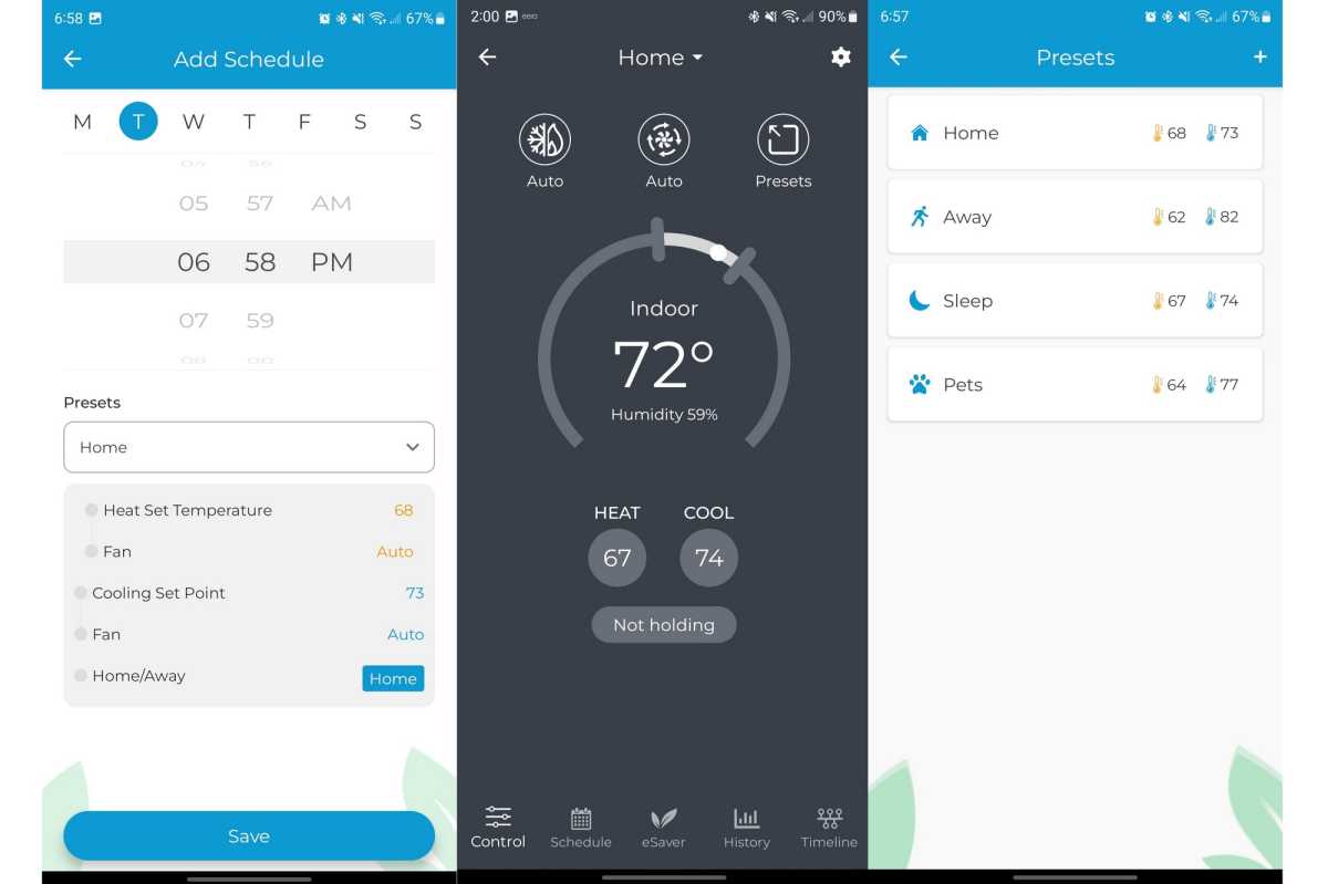 Captures d'écran de l'application Cielo Smart Thermostat