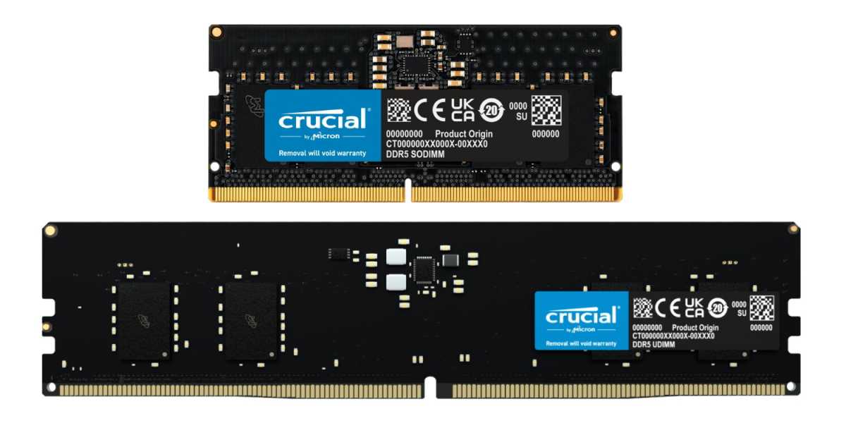 Die beiden wichtigen Formfaktoren von RAM im Vergleich: Unten DIMM für Desktop- PCs, oben SO-DIMM für Notebooks.
