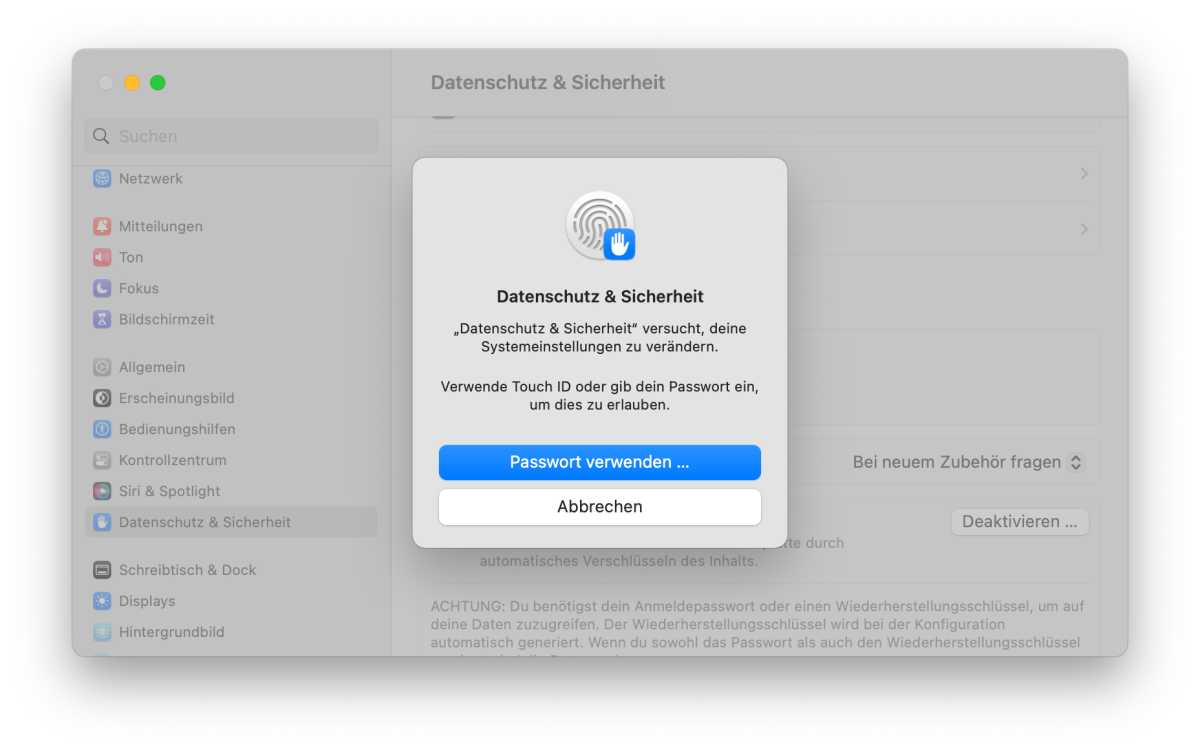Zugriff auf Systemeinstellung mit Passwort erlauben