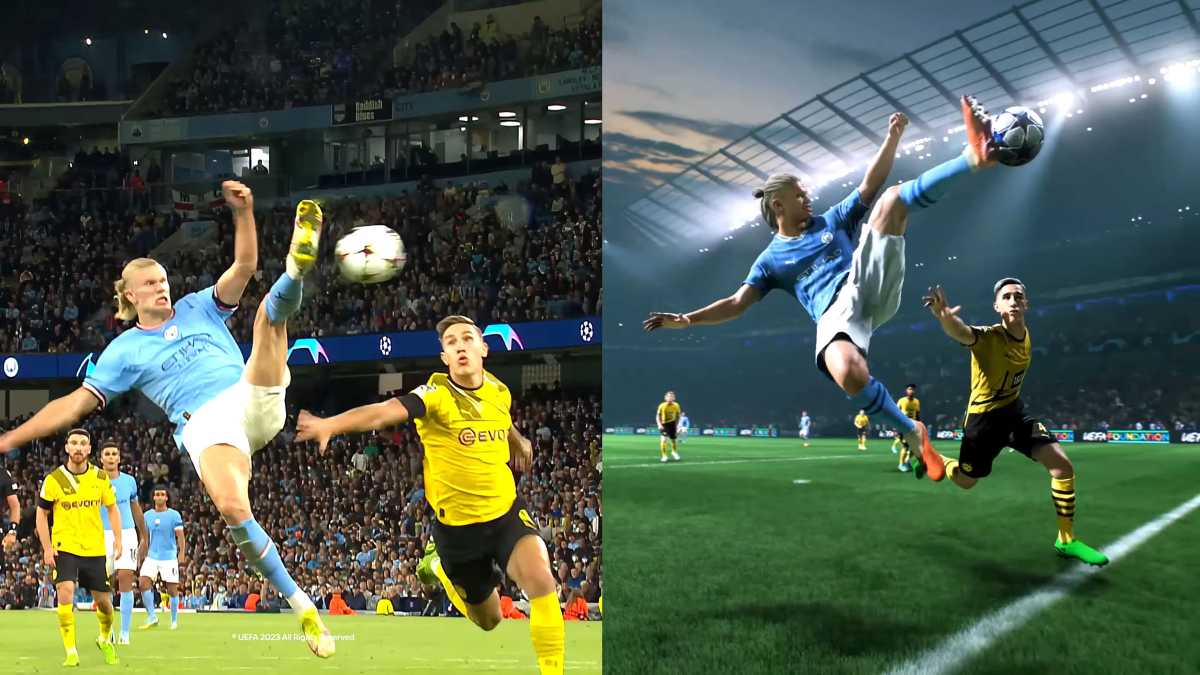 EA Sports kann jetzt direkt aus den Stadien und laufenden Spielen Daten capturen. Hier sieht man sehr schön, wie nah dran die digitalisierte Version zum Original-Tor mit Erling Haaland aus der Champions League ist.