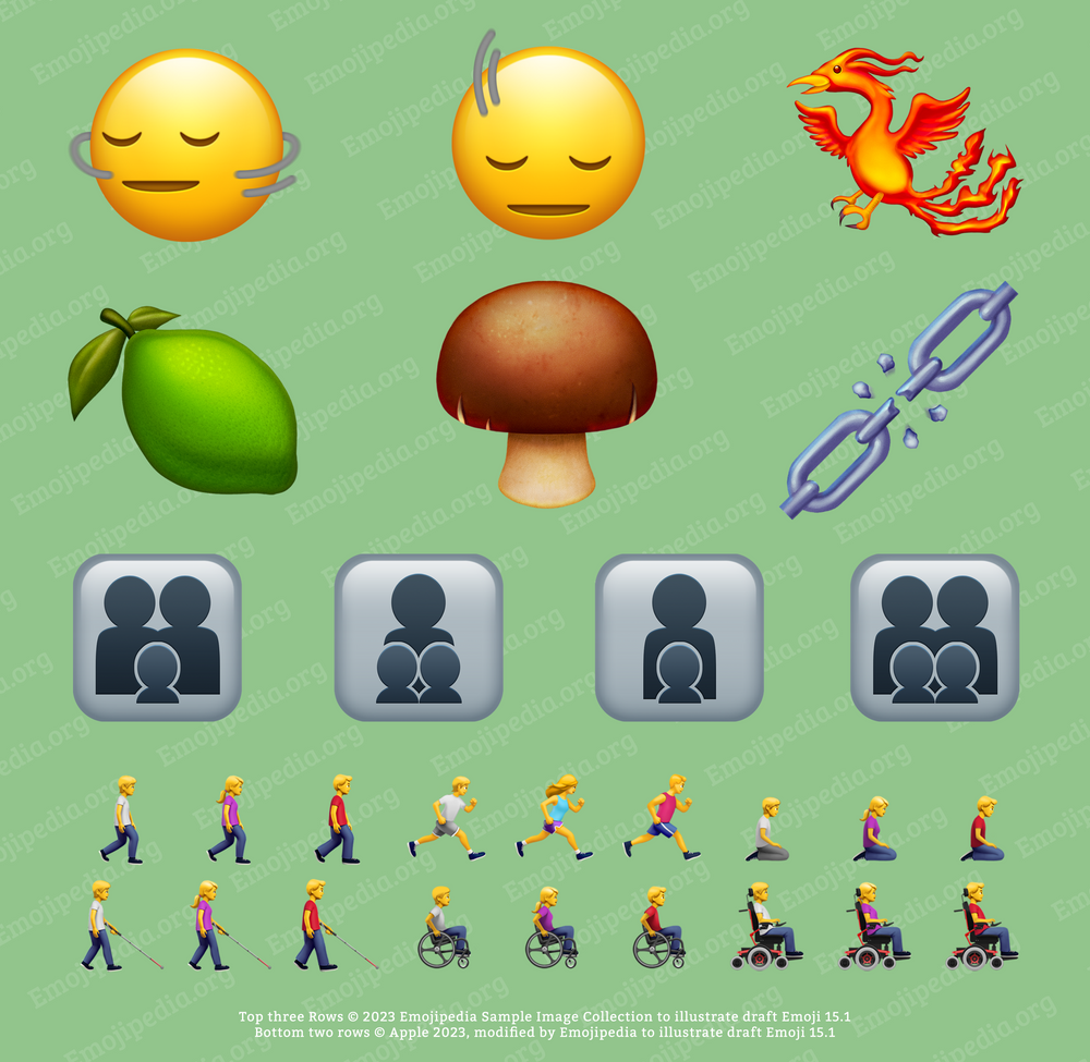 Neue Emojis in Version 15.1 und einige Varianten bereits vorhandener Emoji auf grünem Hintergrund
