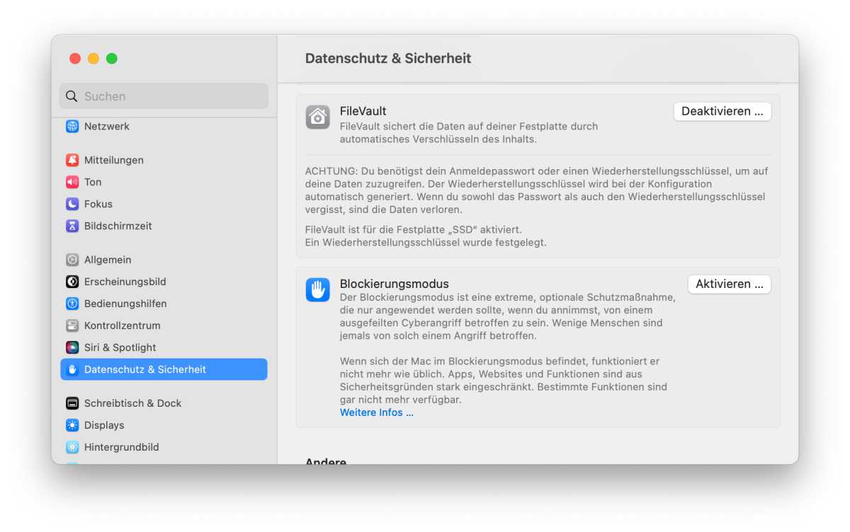 FileVault in den Systemeinstellungen aktivieren
