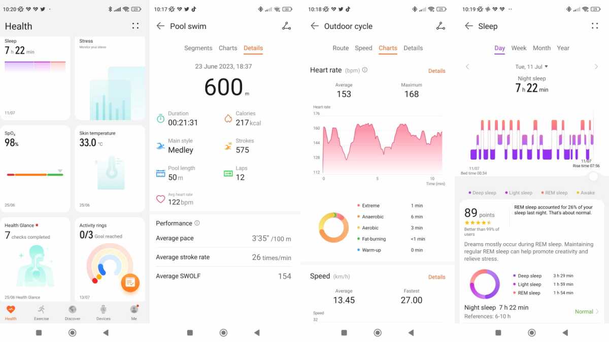 Huawei Health App screenshots recorded on the Huawei Watch 4 Pro 