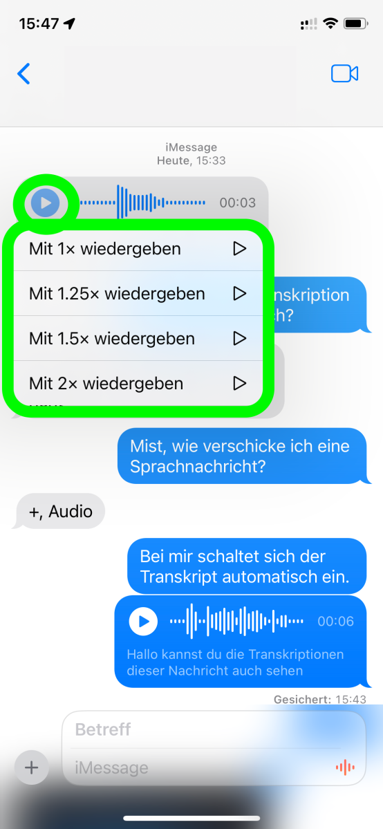 iOS 17: Abspielgeschwindigkeit bei den Sprachnachrichten in iMessage
