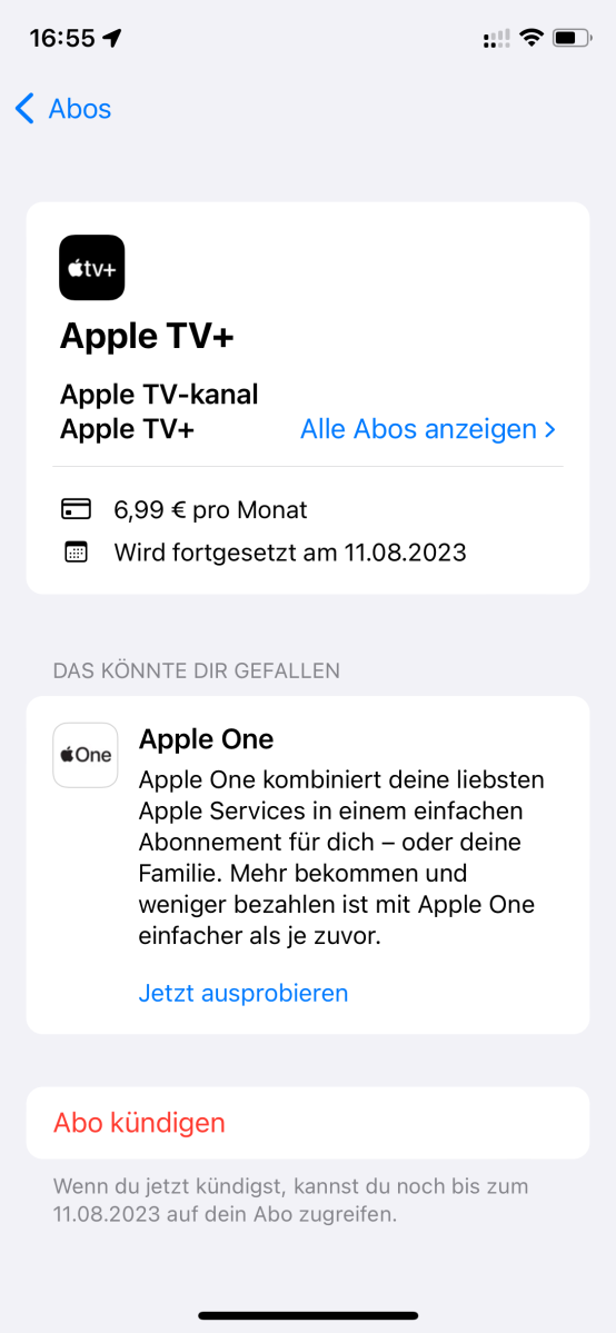 Unter "Alle Abos anzeigen" kann man zu einer etwas günstigeren Option für Apple TV+ gelangen.