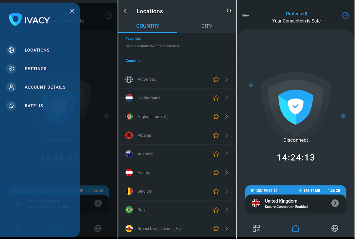 Ivacy VPN app for Android, detailing location and secure connection information