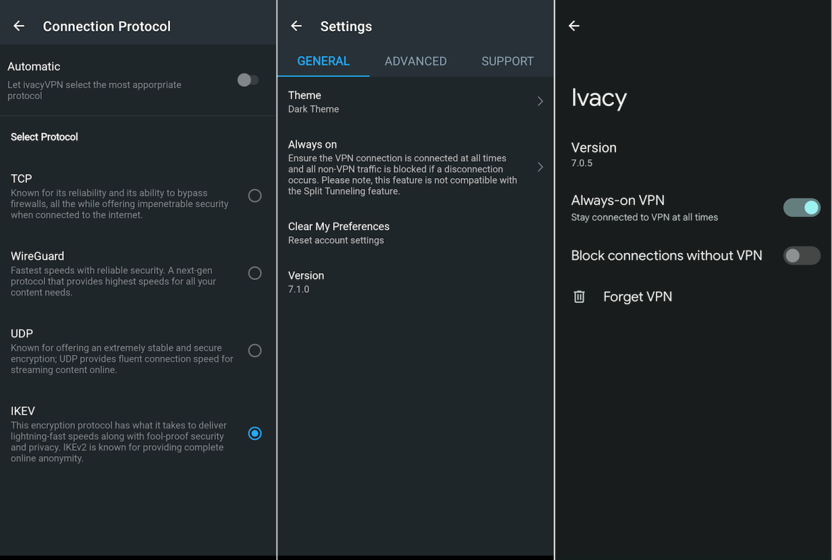 The Ivacy app for Android, detailing connection protocols and always-on VPN connections