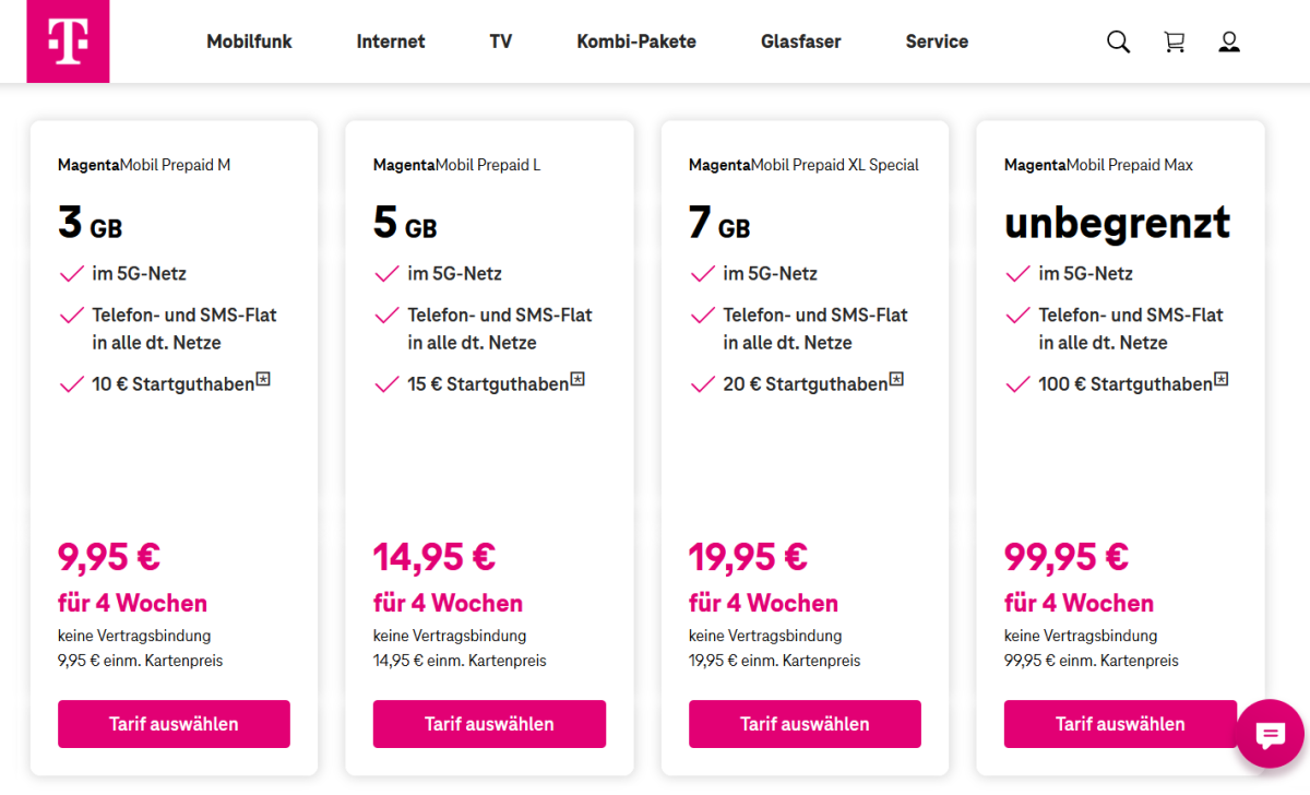 5G-fähige Prepaid-Tarife gibt’s derzeit nur von der Telekom und von Vodafone. Sie beinhalten ein Startguthaben, das bei den Callya-Tarifen von Vodafone jedoch an die Mitnahme Ihrer Rufnummer gekoppelt ist.