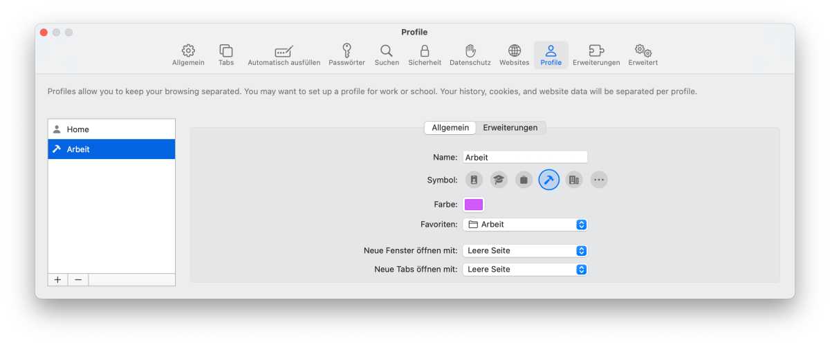 Profile in Safari 17 verwalten