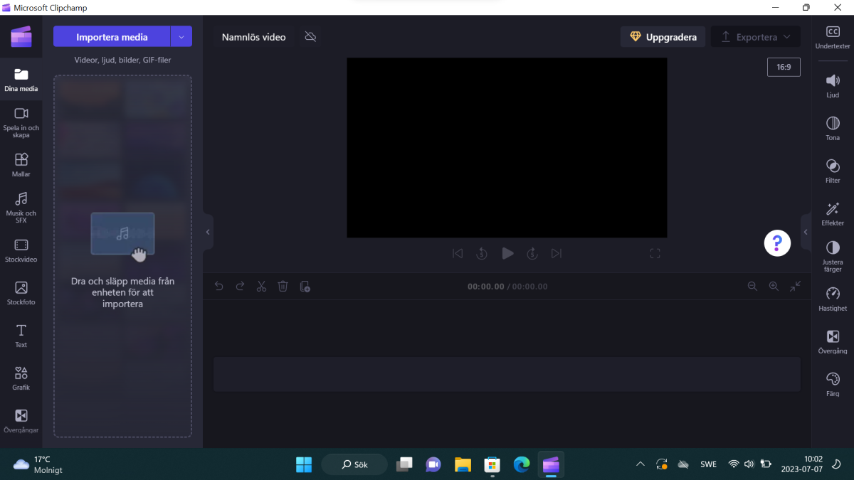 Skärmdump från videoredigeringsprogrammet Clipchamp