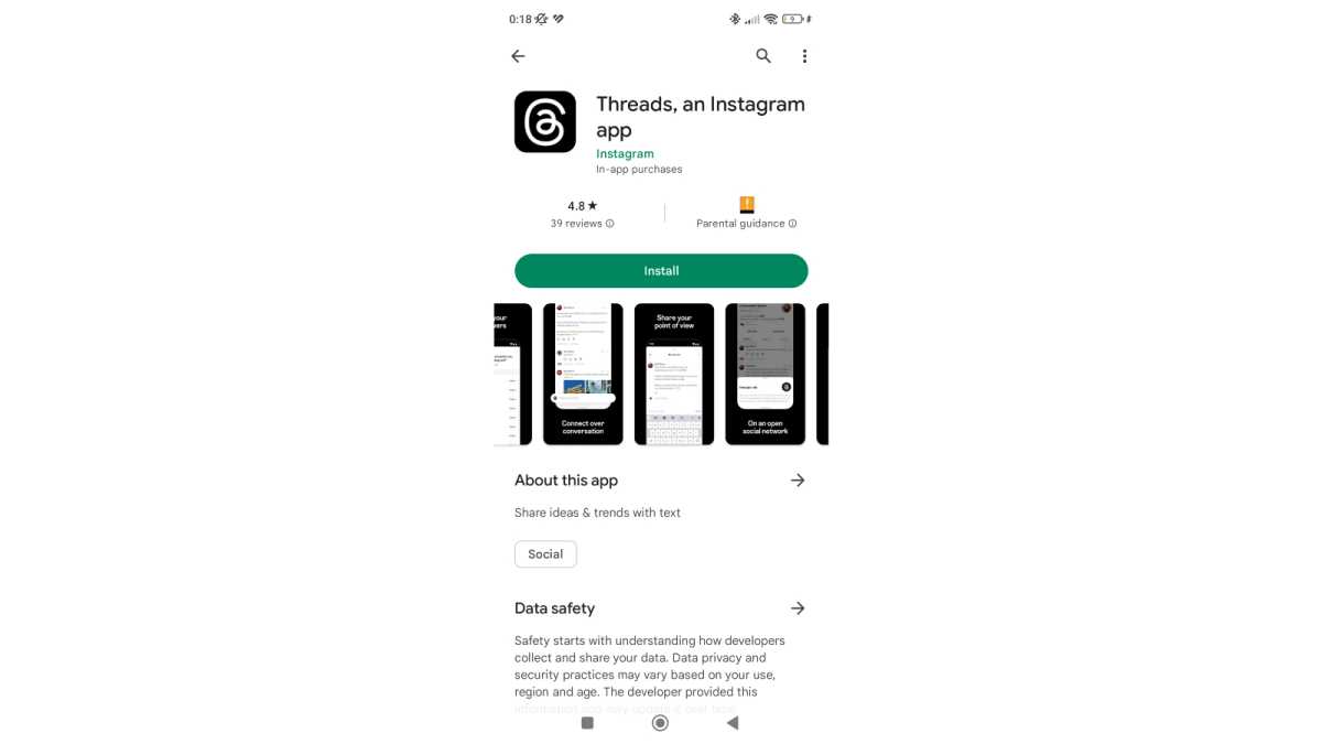 Aplicación Threads en Google Play Store para dispositivos Android