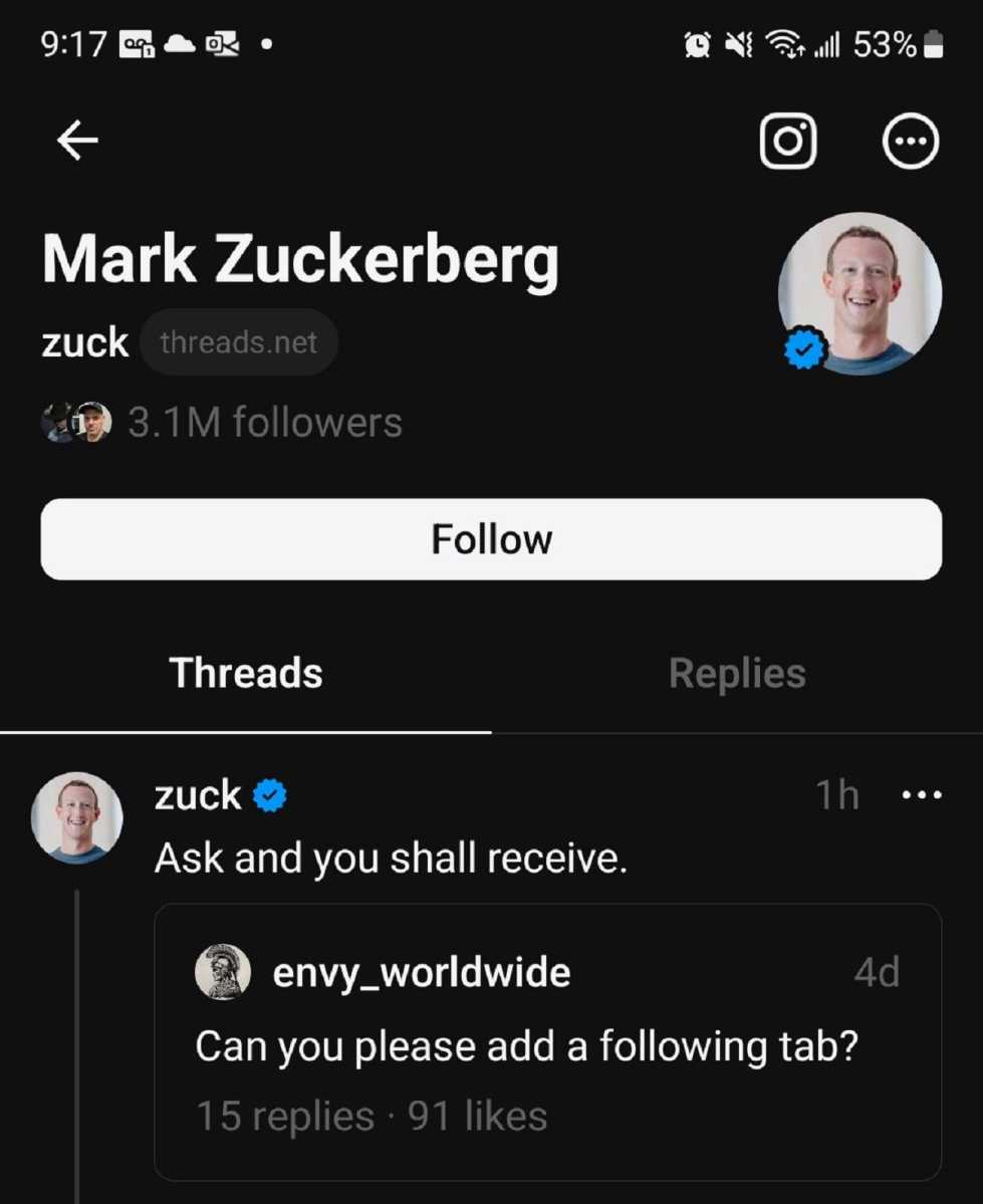 Mark Zuckerberg announces Threads following