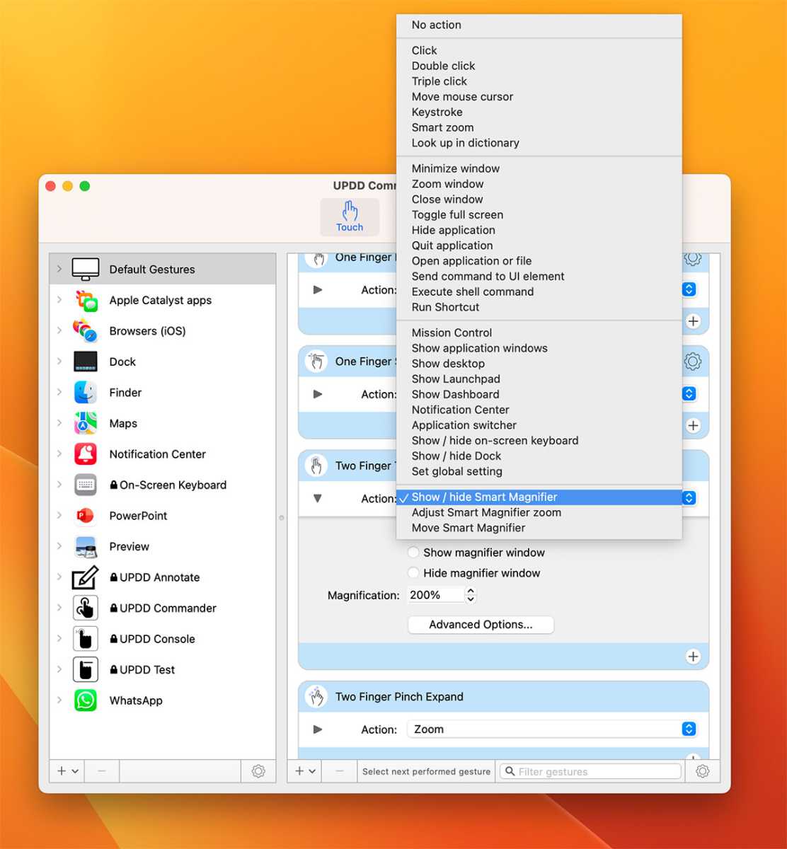 Opciones y comandos de UPDD Commander Touchscreen