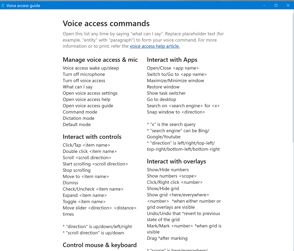 Windows 11 Voice Access Commands